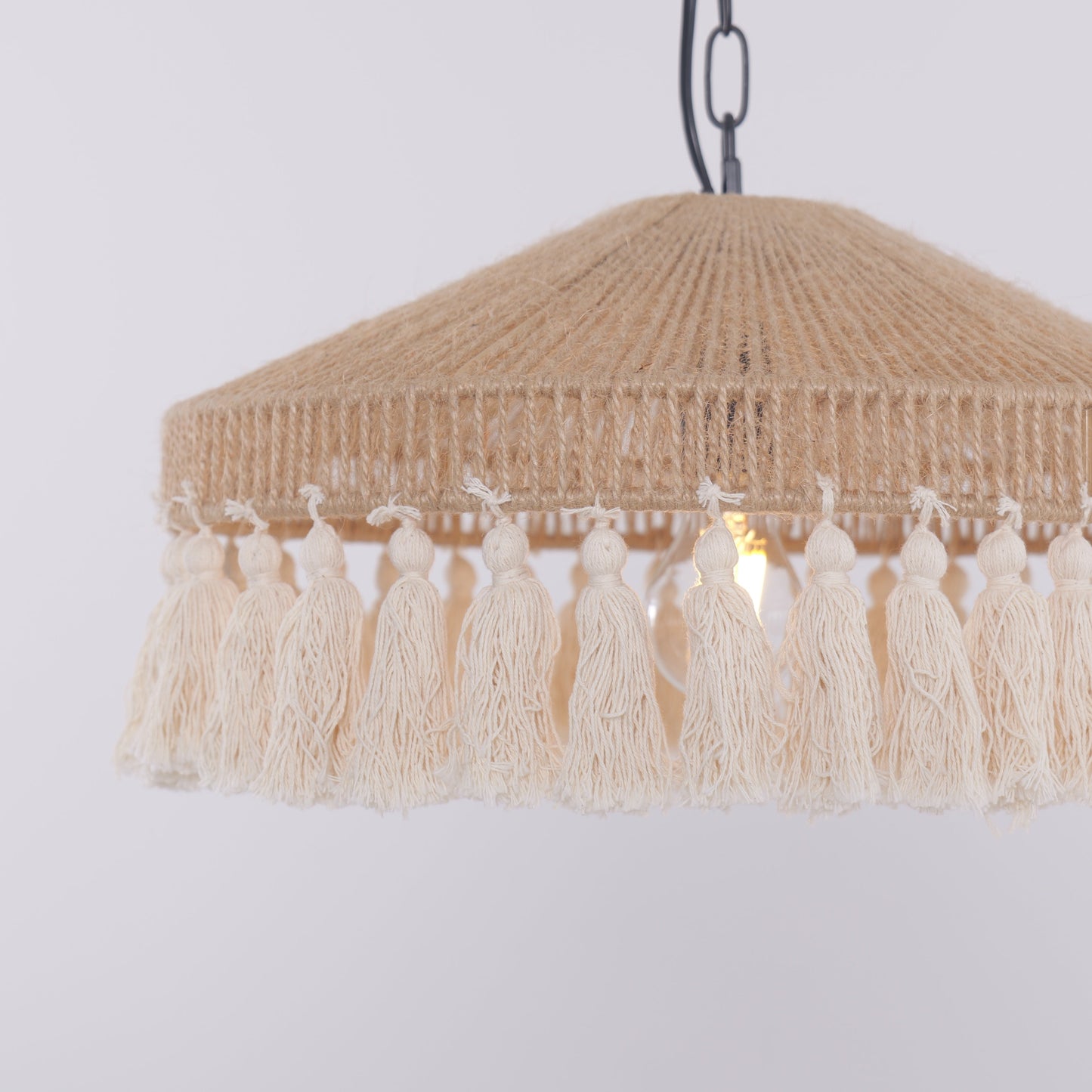 Boho Woven Pendant Light with Tassels, Handcrafted Hemp Rope Hanging Ceiling Light for Dining Room & Living Room