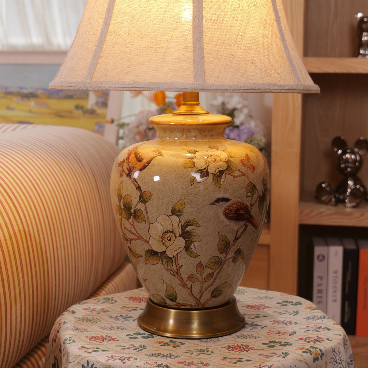 Vintage Ceramic Bird-Pattern Table Lamp with Fabric Shade