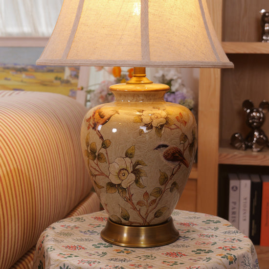Vintage Ceramic Bird-Pattern Table Lamp with Fabric Shade