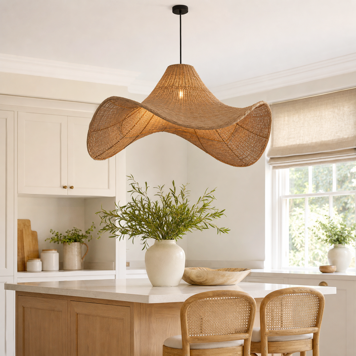 Handwoven Rattan Pendant Light Natural & White Hat-Shaped Ceiling Light