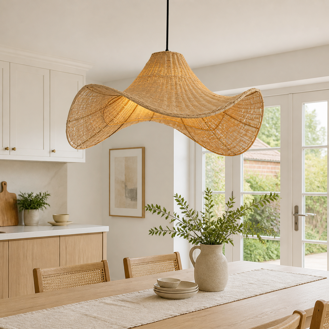 Handwoven Rattan Pendant Light Natural & White Hat-Shaped Ceiling Light