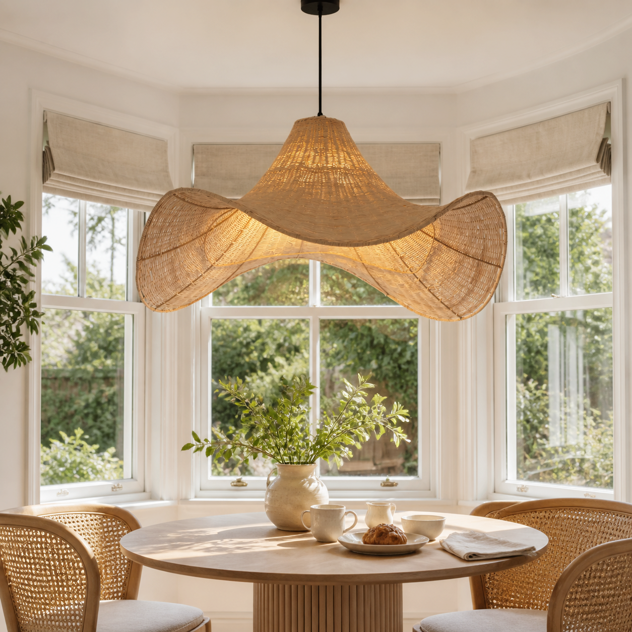 Handwoven Rattan Pendant Light Natural & White Hat-Shaped Ceiling Light