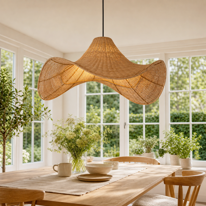 Handwoven Rattan Pendant Light Natural & White Hat-Shaped Ceiling Light