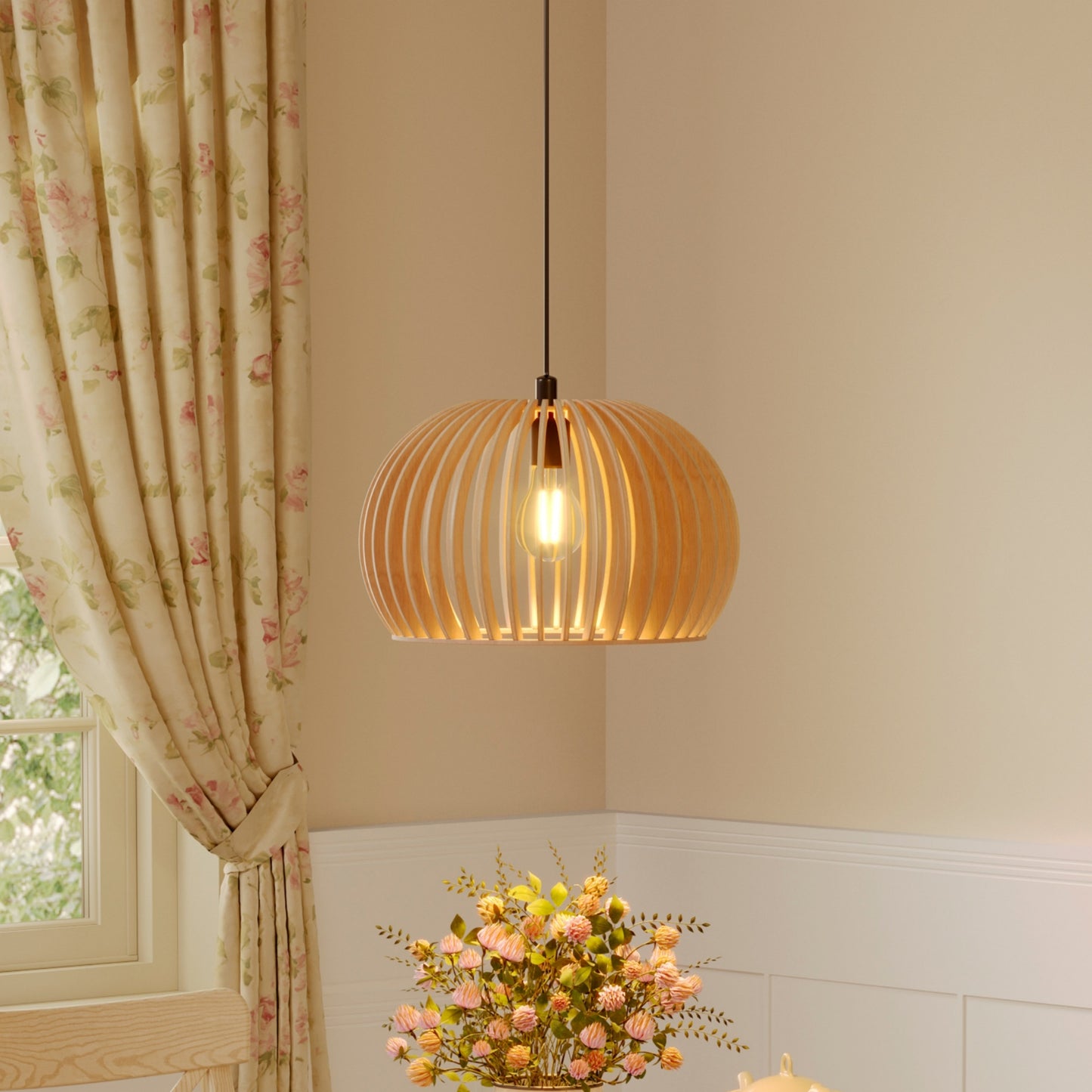 Shadome-Natural Wood Pumpkin Pendant Light Eco Friendly Rustic Hanging Lamp for Home Decor