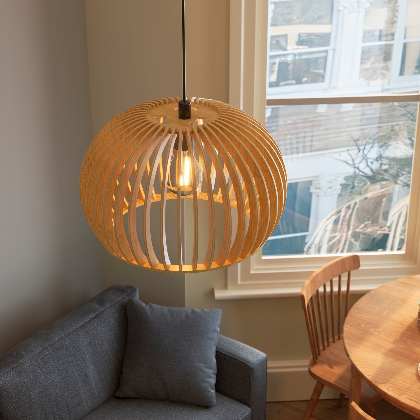 Shadome-Natural Wood Pumpkin Pendant Light Eco Friendly Rustic Hanging Lamp for Home Decor