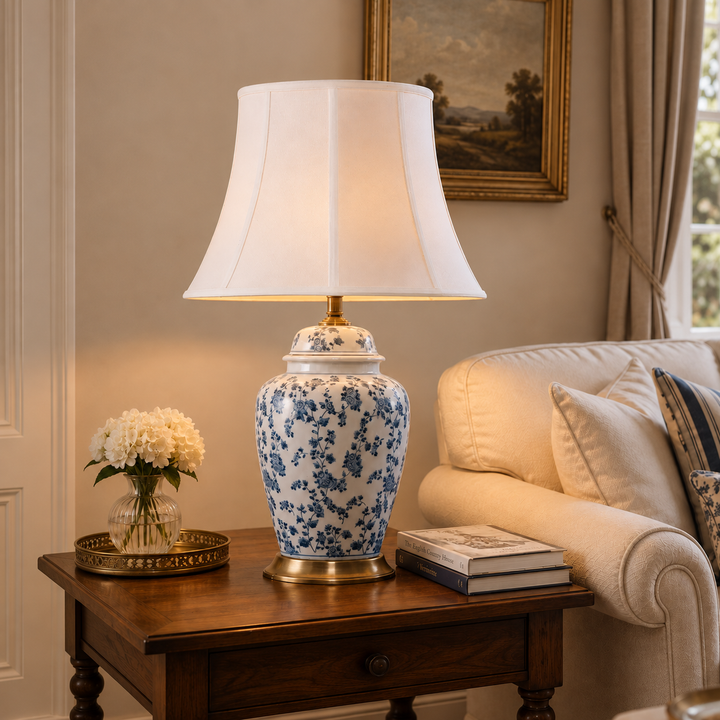blue floral ceramic table lamp glowing beside a cream sofa and curtains