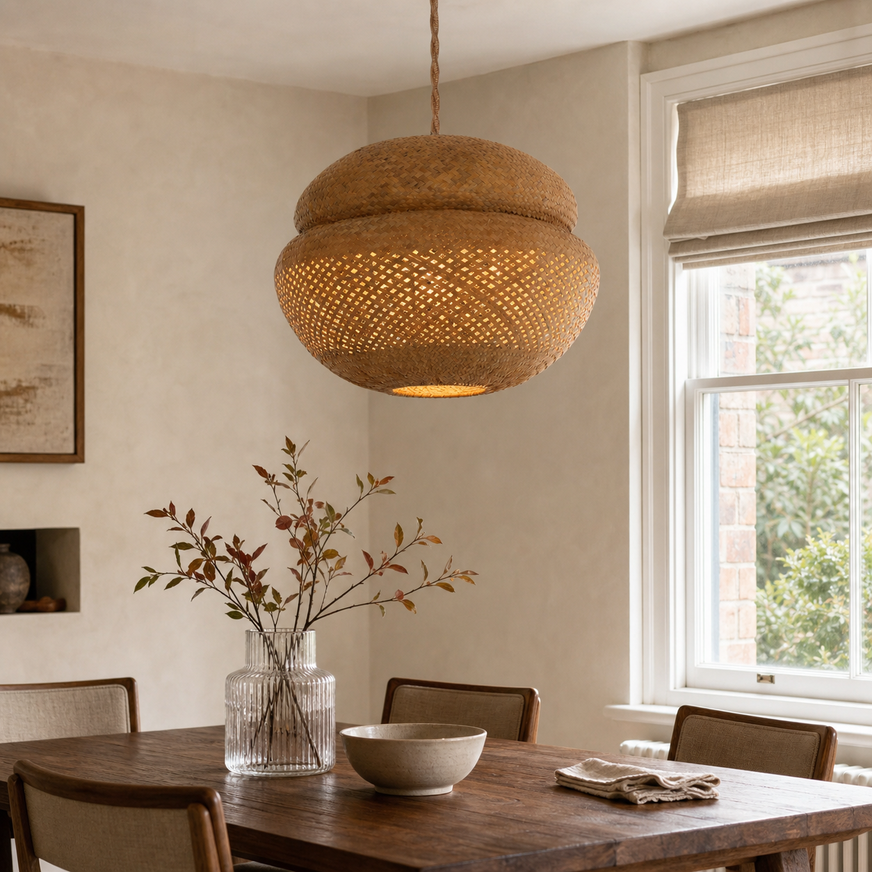Handwoven Natural Bulrush Pendant Ceiling Light with Pot Lid-Inspired Design