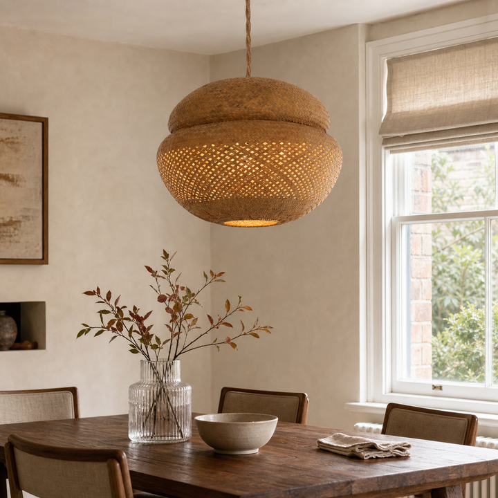 Handwoven Natural Bulrush Pendant Ceiling Light with Pot Lid-Inspired Design