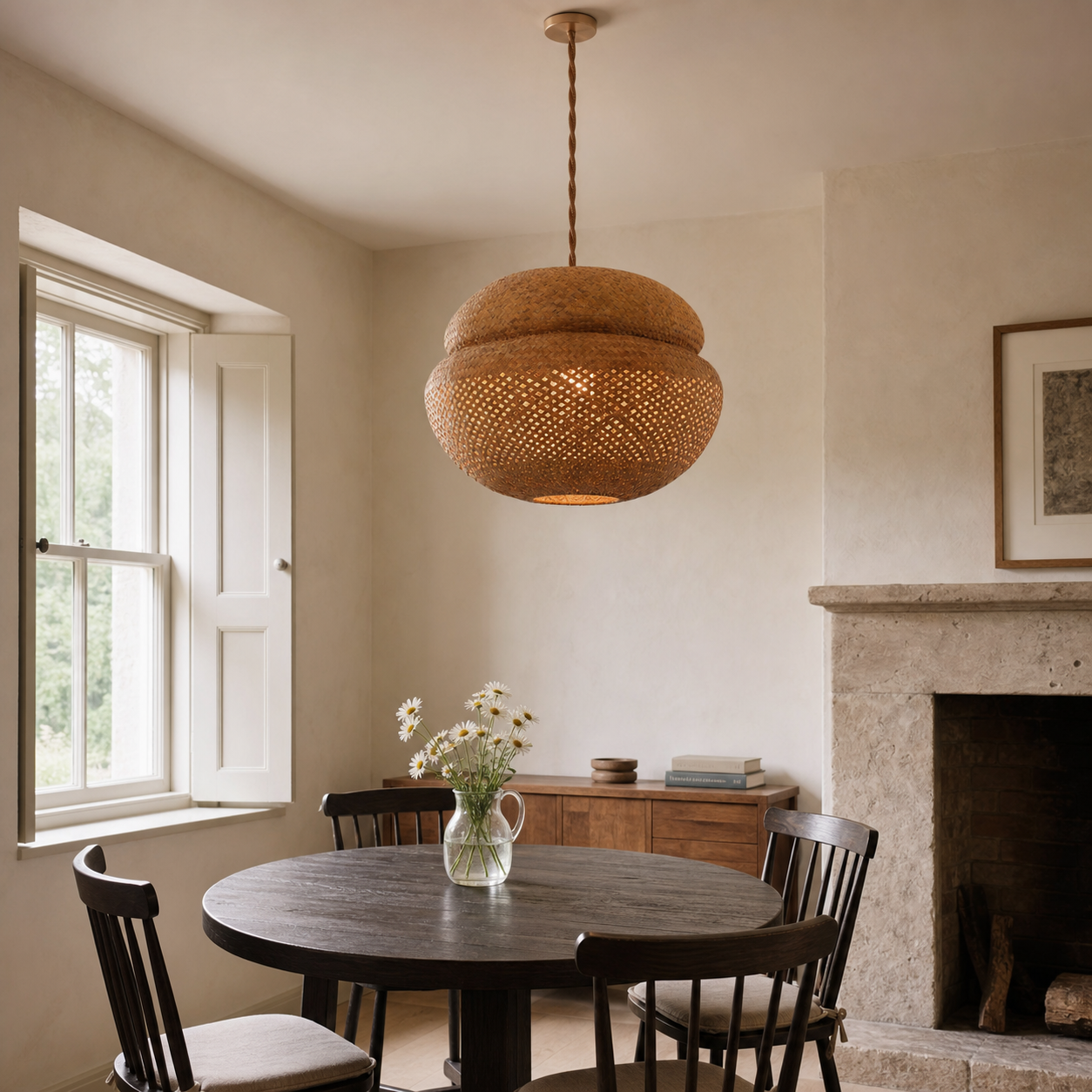 Handwoven Natural Bulrush Pendant Ceiling Light with Pot Lid-Inspired Design