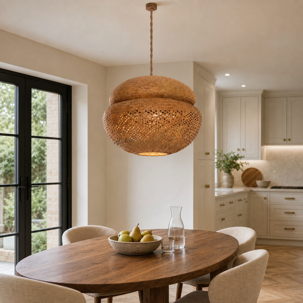 Handwoven Natural Bulrush Pendant Ceiling Light with Pot Lid-Inspired Design