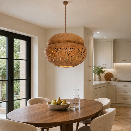 Handwoven Natural Bulrush Pendant Ceiling Light with Pot Lid-Inspired Design