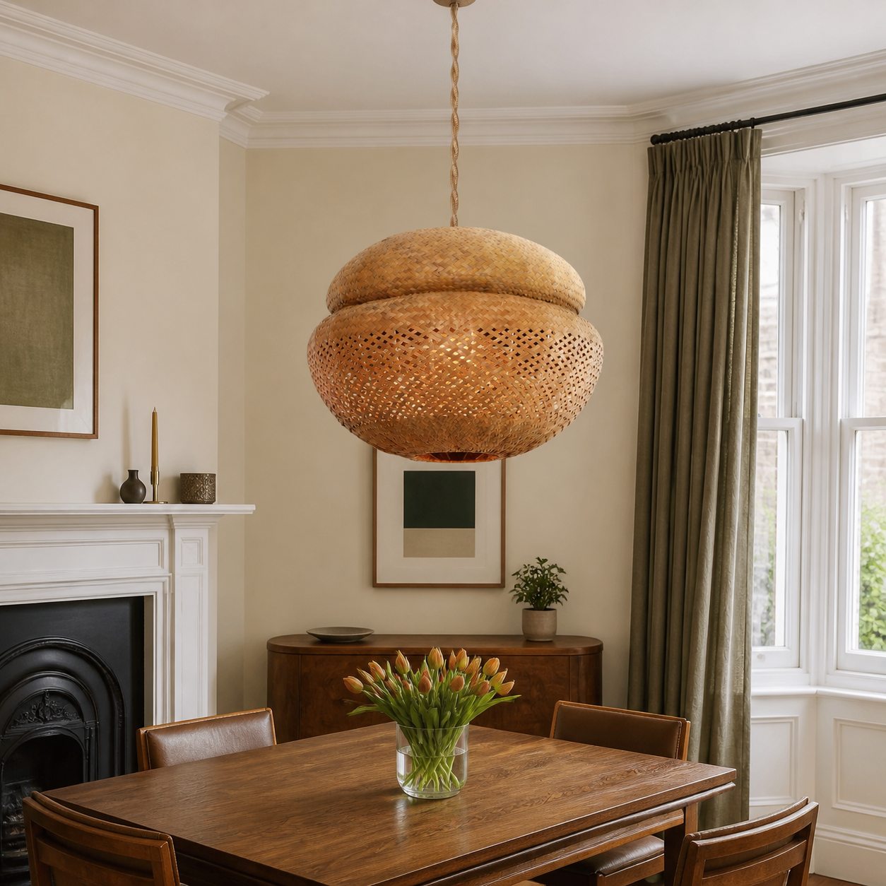 Handwoven Natural Bulrush Pendant Ceiling Light with Pot Lid-Inspired Design