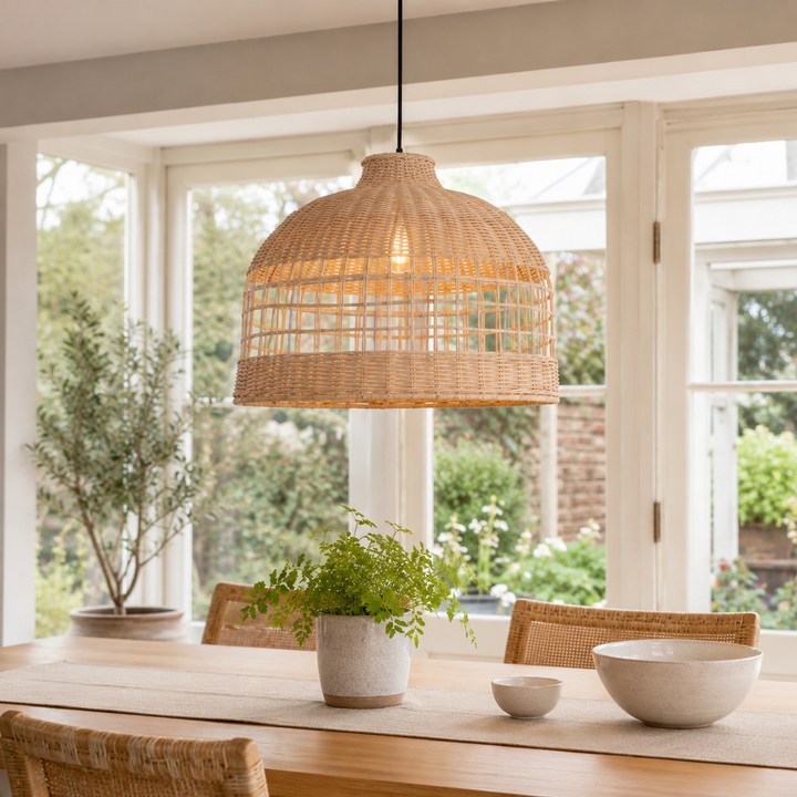 Cella-Rattan Pendant Light – Handwoven Dome Ceiling Light with Lattice Design for Living Room, Bedroom & Kitchen