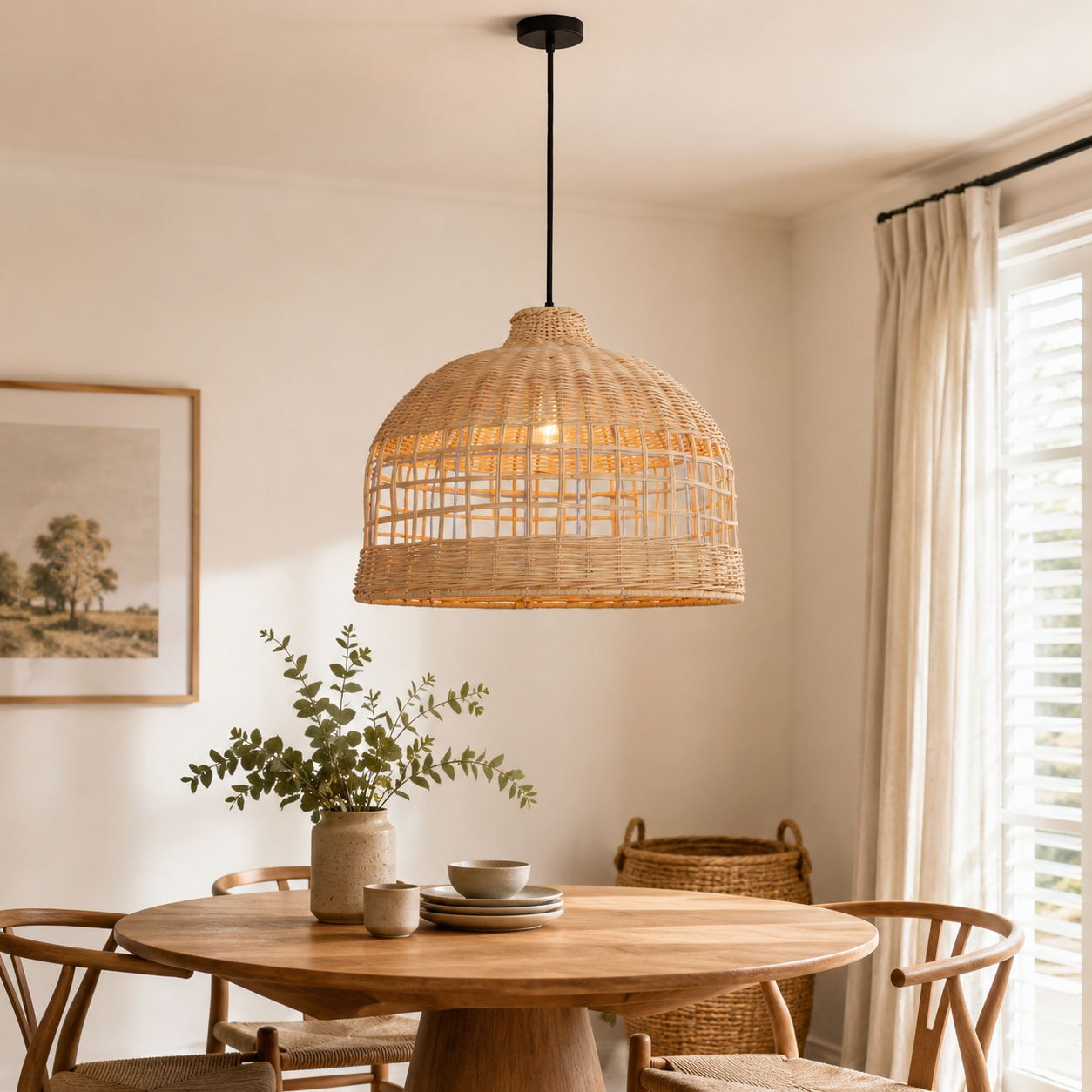Cella-Rattan Pendant Light – Handwoven Dome Ceiling Light with Lattice Design for Living Room, Bedroom & Kitchen
