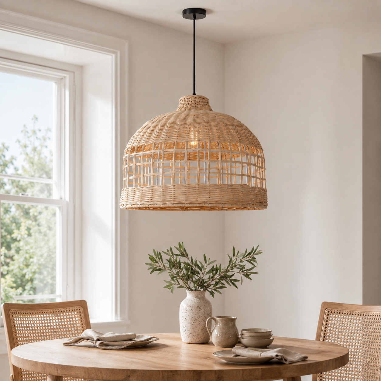 Cella-Rattan Pendant Light – Handwoven Dome Ceiling Light with Lattice Design for Living Room, Bedroom & Kitchen