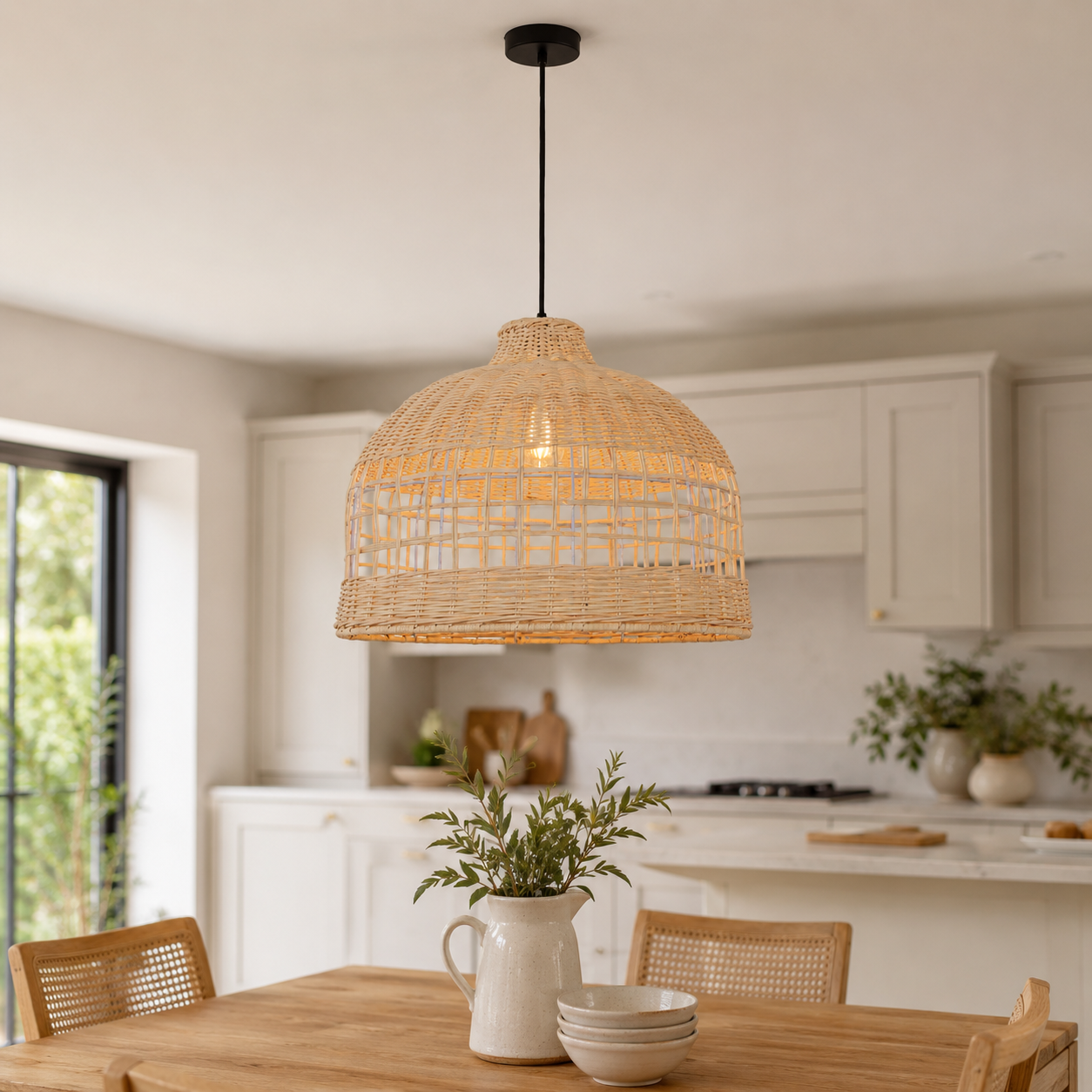 Cella-Rattan Pendant Light – Handwoven Dome Ceiling Light with Lattice Design for Living Room, Bedroom & Kitchen