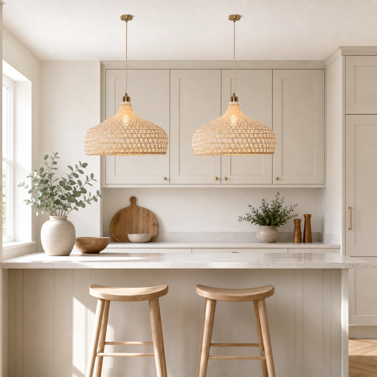 Natural Bamboo Pendant Light with Handwoven Lampshades in Four Sizes