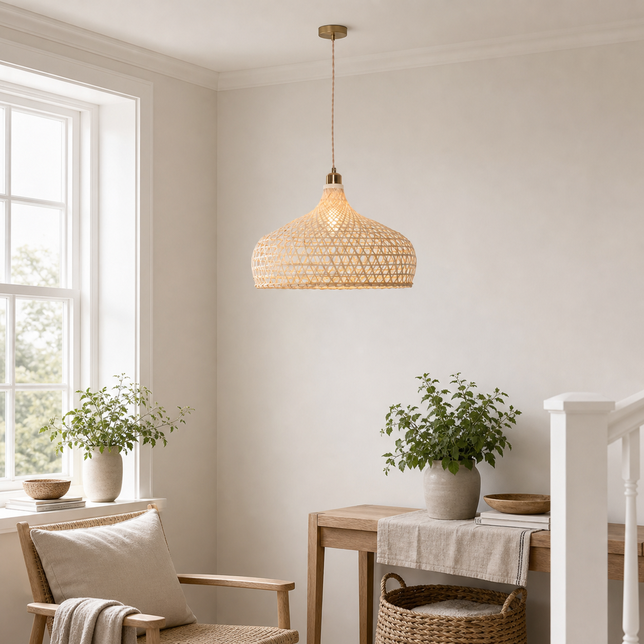Natural Bamboo Pendant Light with Handwoven Lampshades in Four Sizes