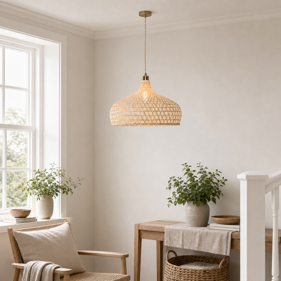 Natural Bamboo Pendant Light with Handwoven Lampshades in Four Sizes