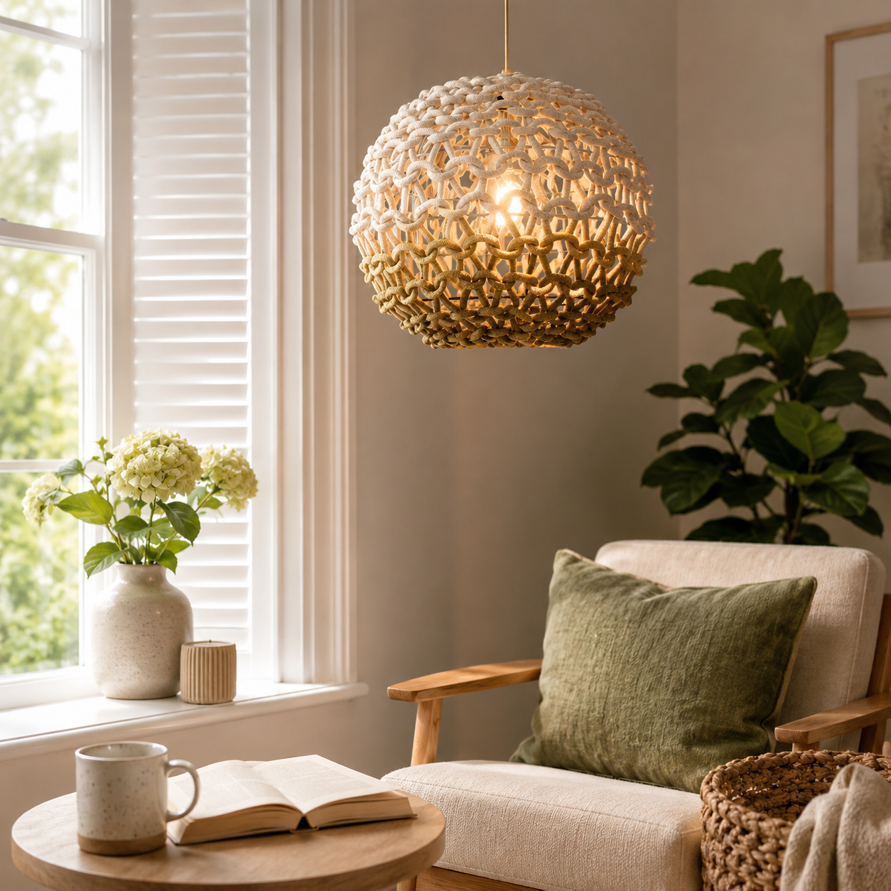 Pendant Ceiling Light with Artisanal Globe-Shaped Cotton Rope for Natural Elegance