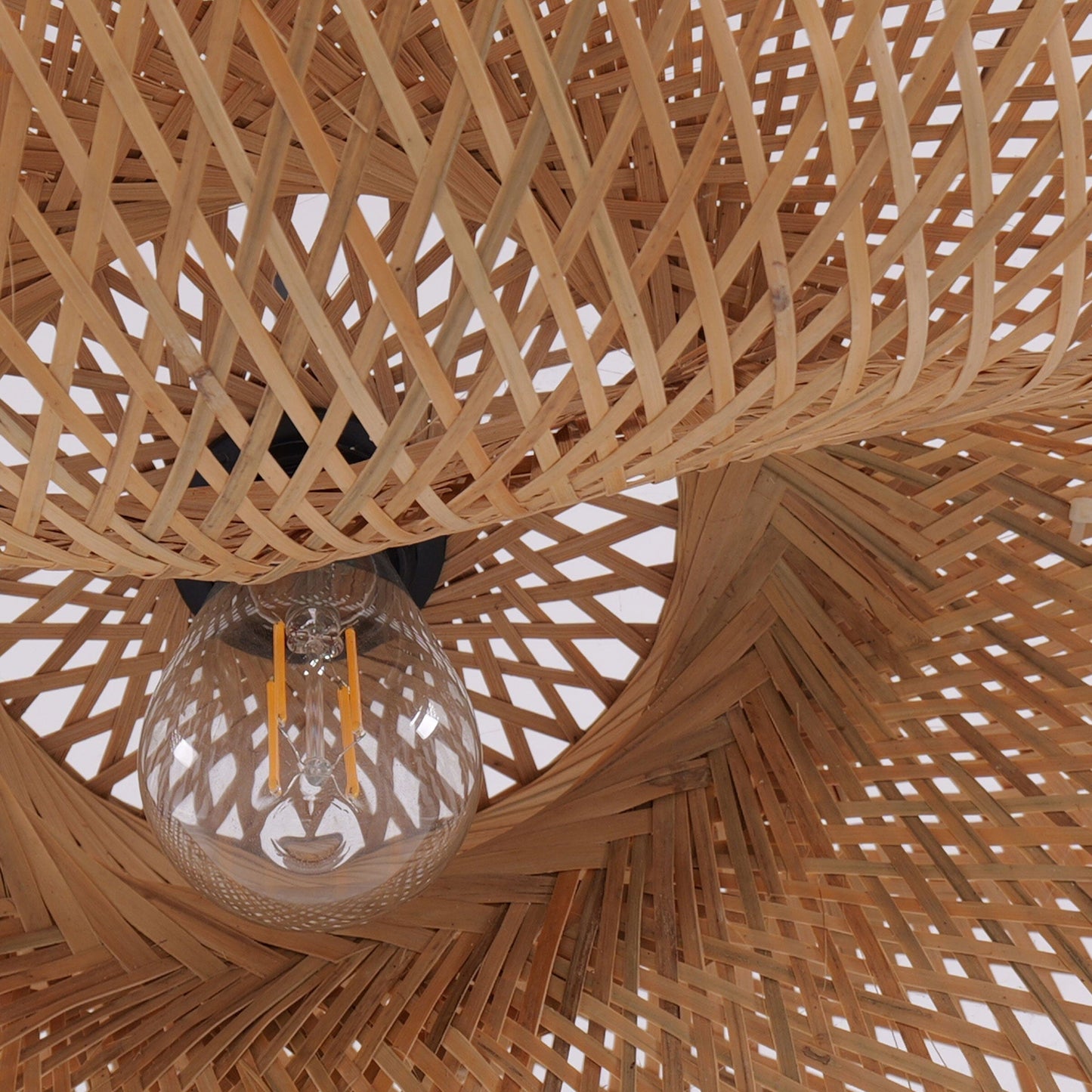close-up of open bamboo weave and E27 bulb inside pendant shade