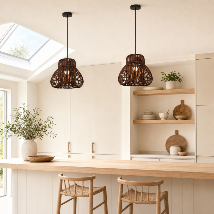 Natural Woven Rattan Pendant Light – Handcrafted Rustic Ceiling Light for Dining Rooms, Living Spaces, and Cafés