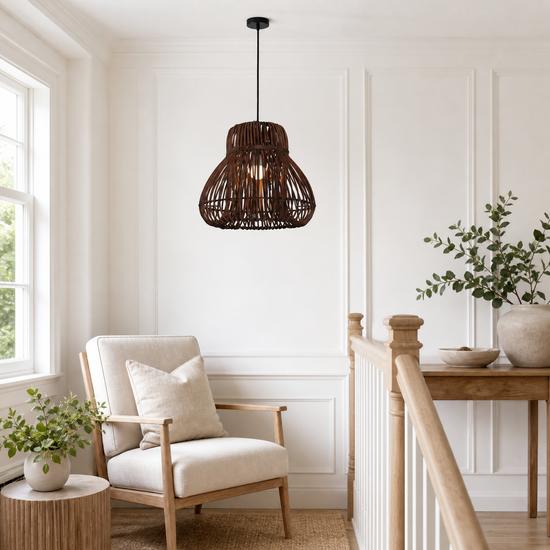 Natural Woven Rattan Pendant Light – Handcrafted Rustic Ceiling Light for Dining Rooms, Living Spaces, and Cafés