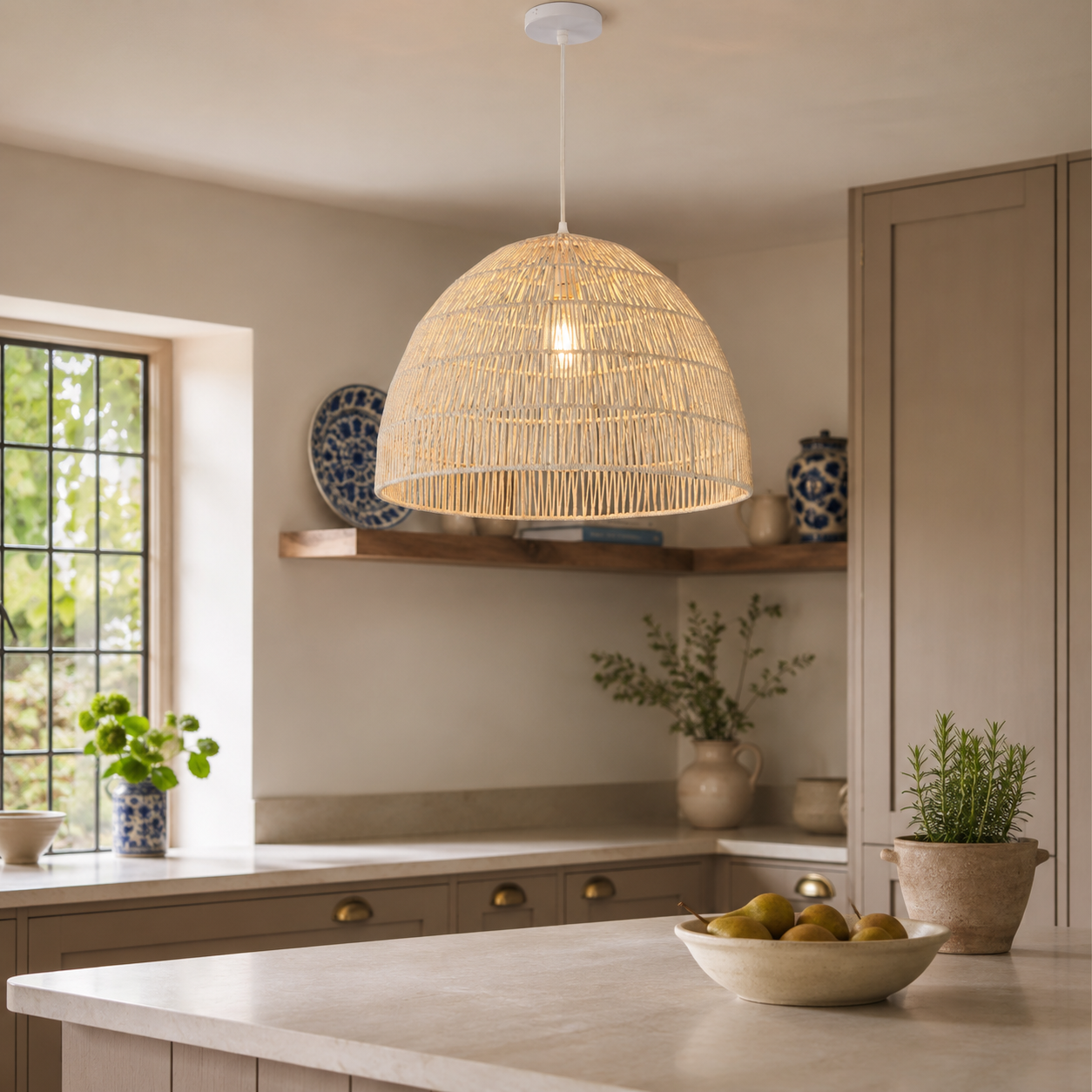Cella-Handwoven Paper Rope Dome Pendant Light – Eco-Friendly Ceiling Pendant Light with Iron Frame for Kitchen Island, Dining Room, or Living Room Lighting