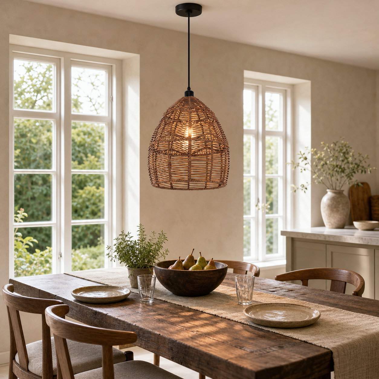 Boho Rattan Pendant Light – Handwoven Wicker Ceiling Light Fixture for Living Room, Kitchen, and Bohemian Interiors