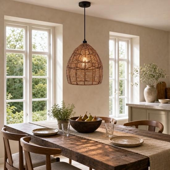 Boho Rattan Pendant Light – Handwoven Wicker Ceiling Light Fixture for Living Room, Kitchen, and Bohemian Interiors