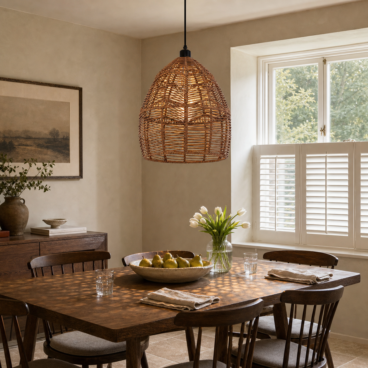 Boho Rattan Pendant Light – Handwoven Wicker Ceiling Light Fixture for Living Room, Kitchen, and Bohemian Interiors