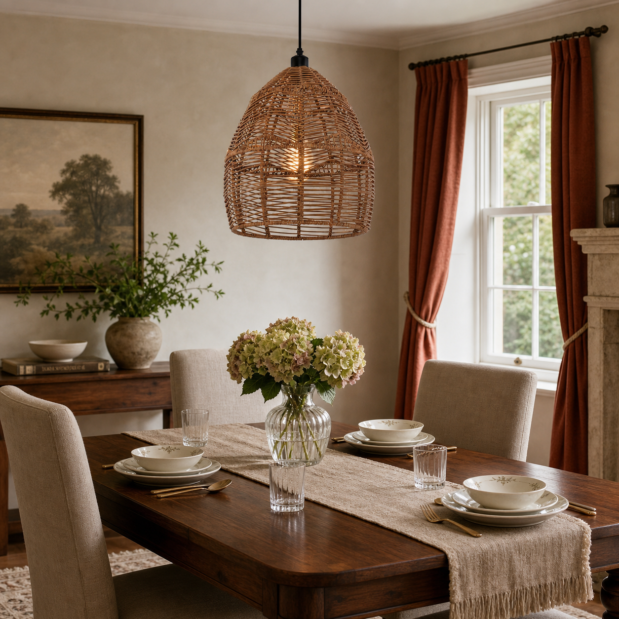 Boho Rattan Pendant Light – Handwoven Wicker Ceiling Light Fixture for Living Room, Kitchen, and Bohemian Interiors