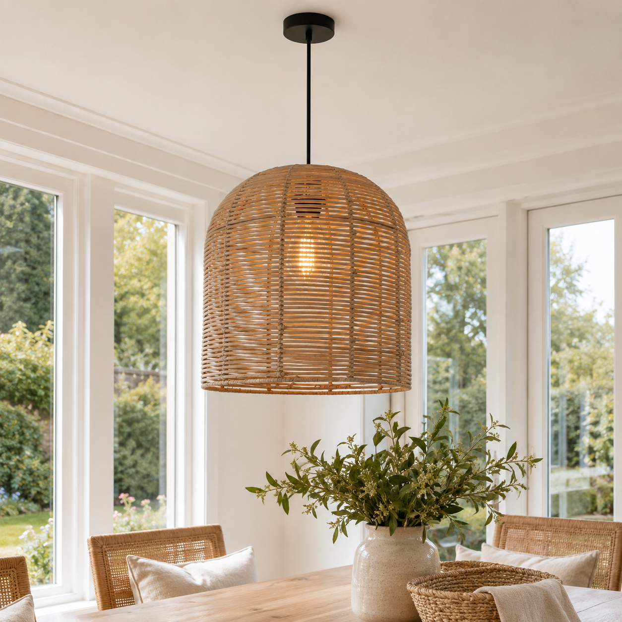 Cella-Rustic Rattan Dome Pendant Light – Handwoven Ceiling Pendant Light for Living Room, Kitchen, and Modern Rustic Interiors