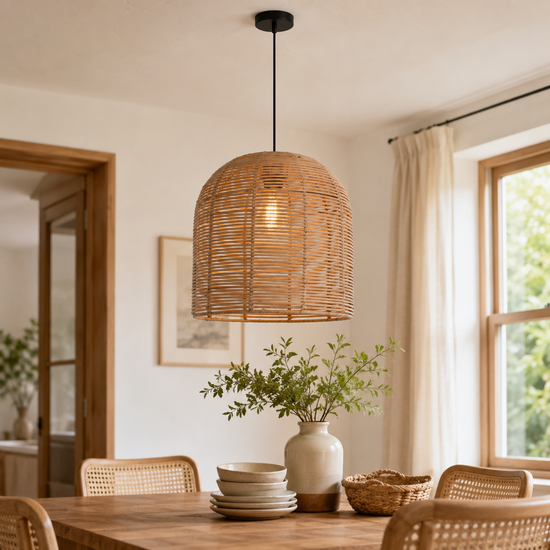 Cella-Rustic Rattan Dome Pendant Light – Handwoven Ceiling Pendant Light for Living Room, Kitchen, and Modern Rustic Interiors