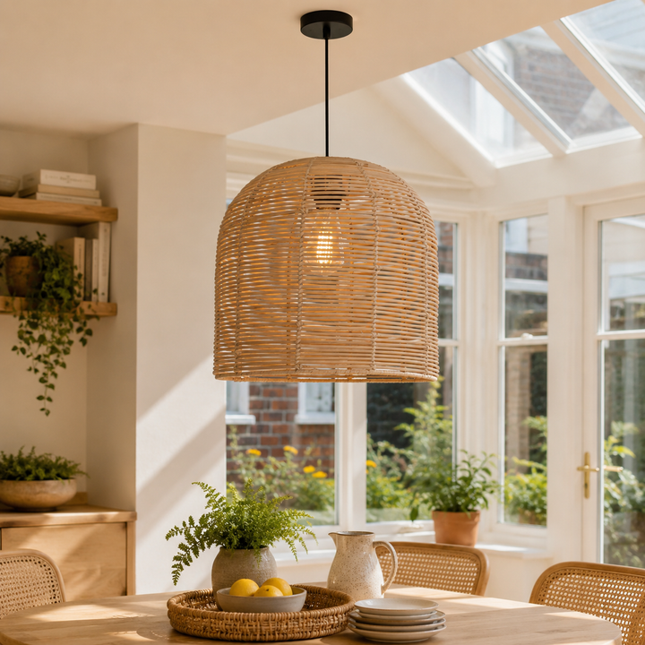 Cella-Rustic Rattan Dome Pendant Light – Handwoven Ceiling Pendant Light for Living Room, Kitchen, and Modern Rustic Interiors