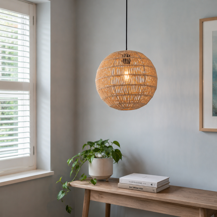 Round Cotton Rope Pendant Light – Handwoven Ceiling Pendant for Living Room, Dining Room & Kitchen