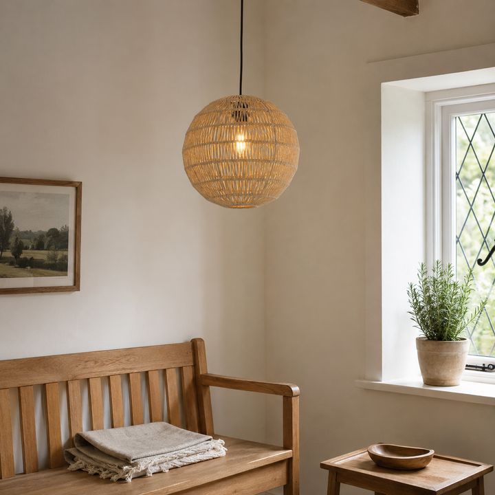 Round Cotton Rope Pendant Light – Handwoven Ceiling Pendant for Living Room, Dining Room & Kitchen