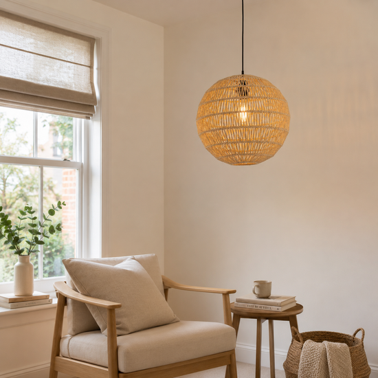 Round Cotton Rope Pendant Light – Handwoven Ceiling Pendant for Living Room, Dining Room & Kitchen