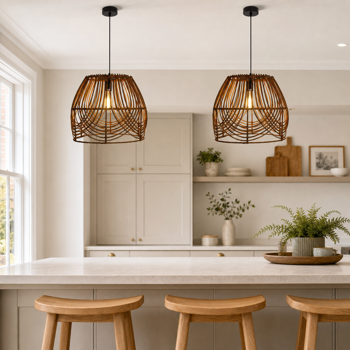Handwoven Rattan Pendant Light – Rustic Ceiling Lighting for Living Room & Dining Room