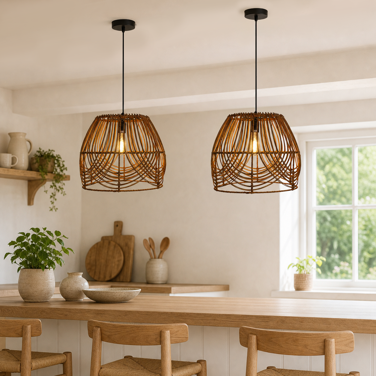 Handwoven Rattan Pendant Light – Rustic Ceiling Lighting for Living Room & Dining Room