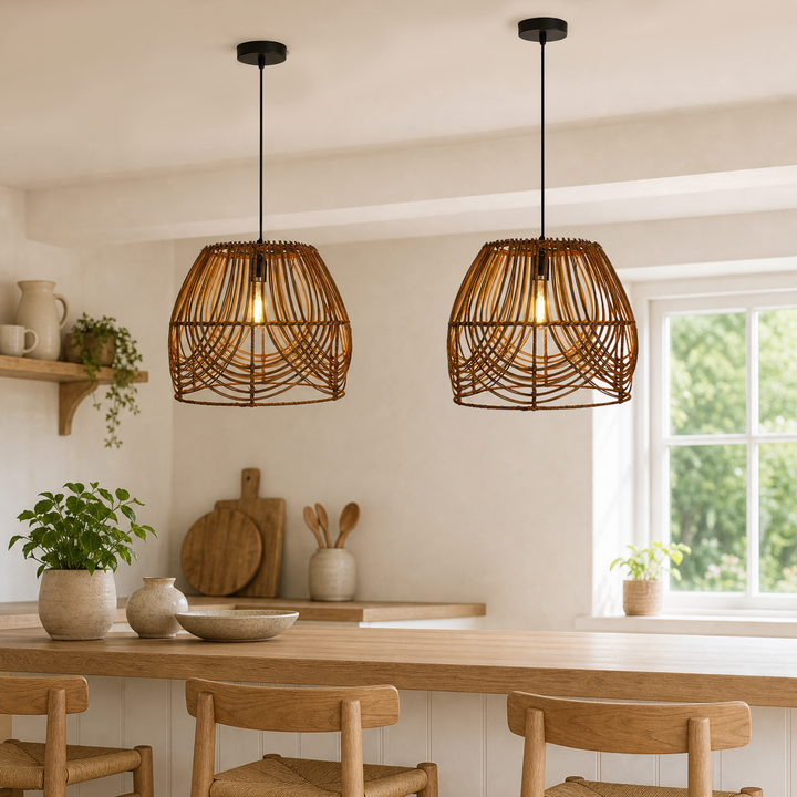 Handwoven Rattan Pendant Light – Rustic Ceiling Lighting for Living Room & Dining Room