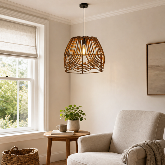 Handwoven Rattan Pendant Light – Rustic Ceiling Lighting for Living Room & Dining Room