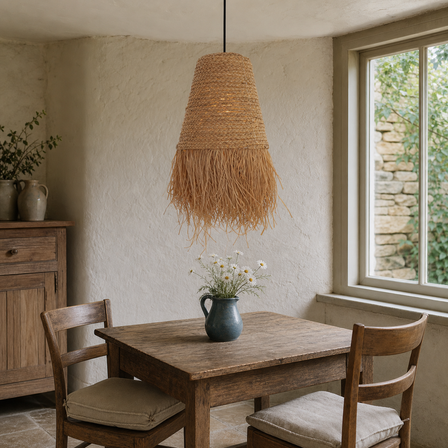 Zen Wabi-Sabi Woven Pendant Light with Natural Grass Texture