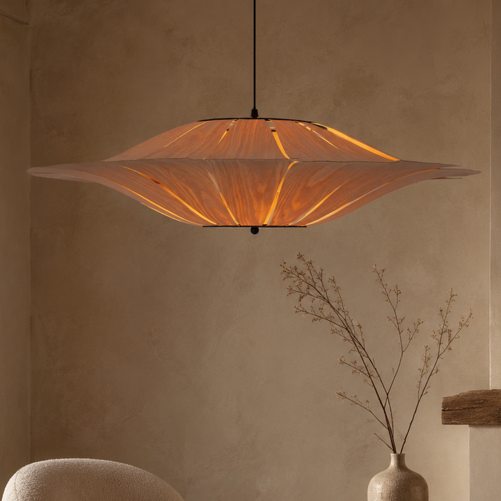 Large Wood Veneer LED Pendant Ceiling Light for Dining & Living Rooms