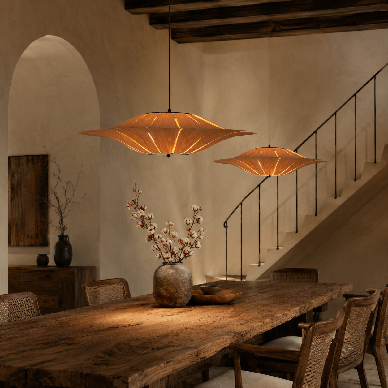 Large Wood Veneer LED Pendant Ceiling Light for Dining & Living Rooms