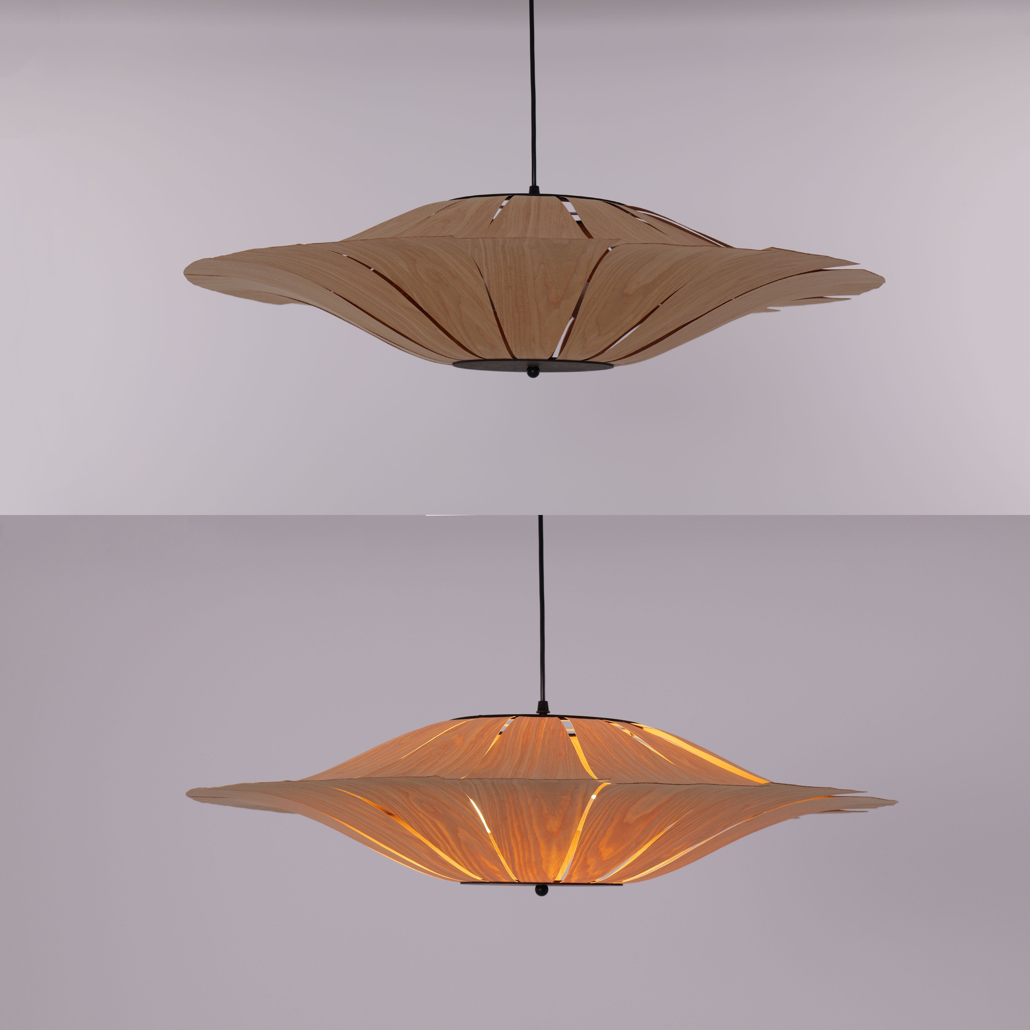 Large Wood Veneer LED Pendant Ceiling Light for Dining & Living Rooms