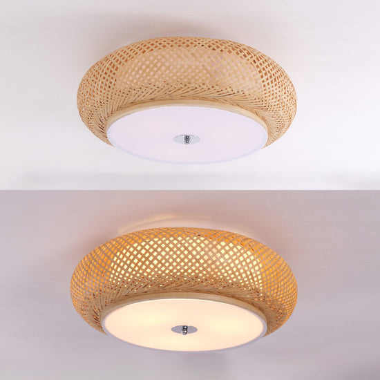 two bamboo ceiling light shade options on a white background