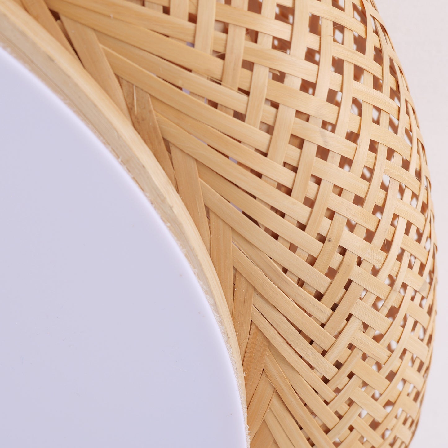 close-up of curved bamboo weave on a ceiling light shade