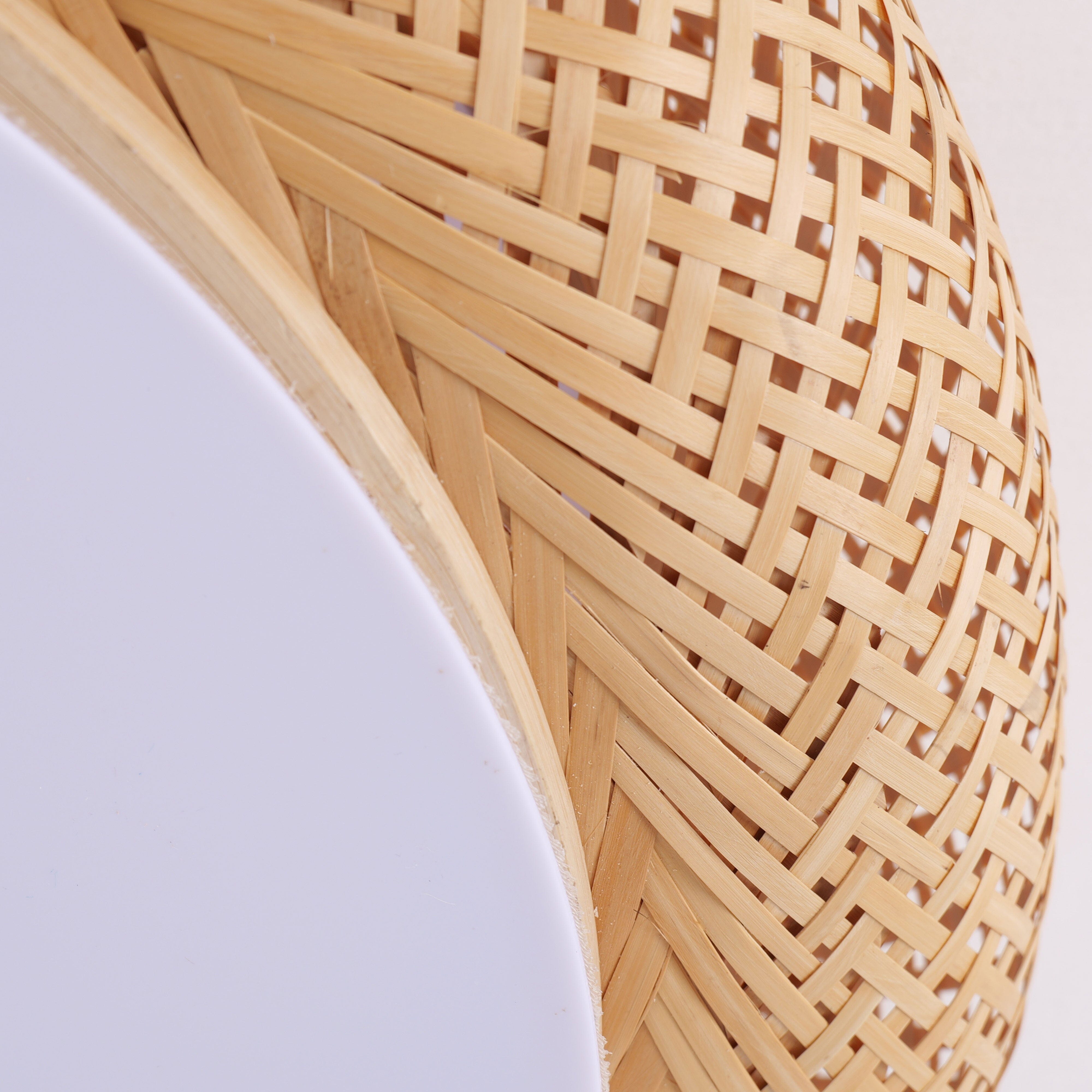 close-up of curved bamboo weave on a ceiling light shade