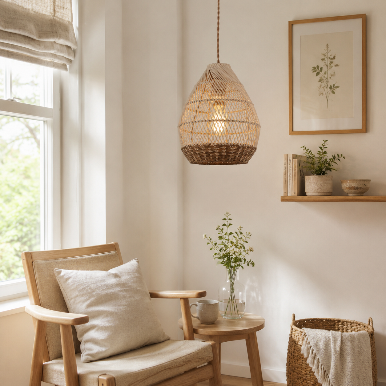 Handwoven Boho Teardrop Design Rattan Iron Pendant Light